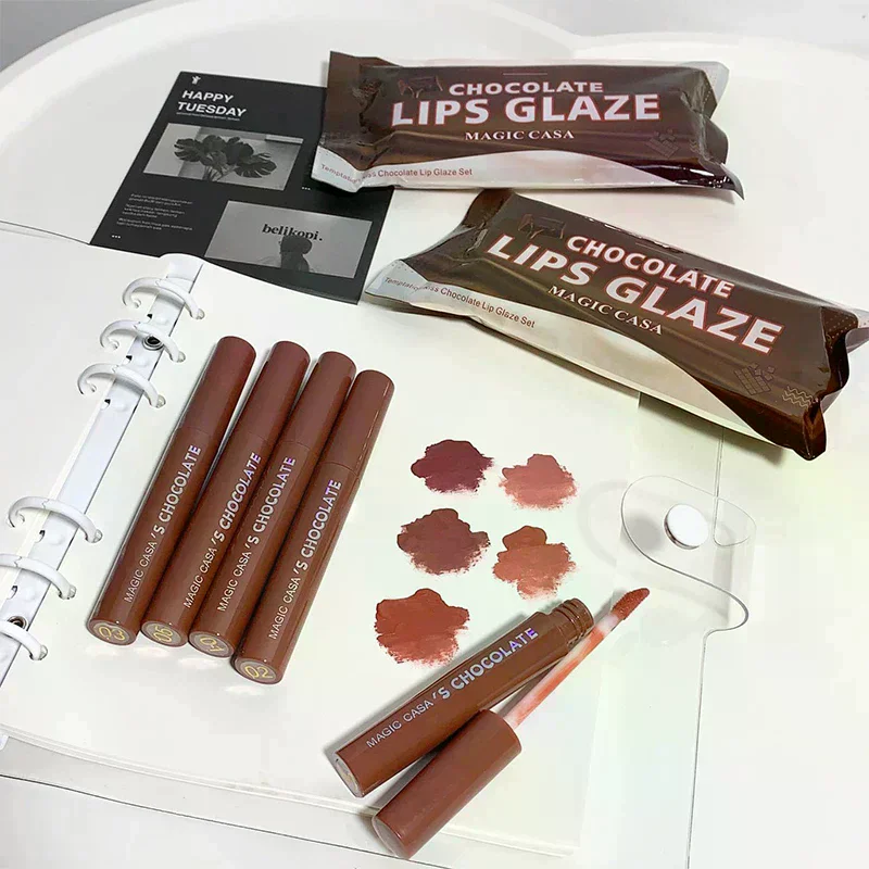 Juego de 5 uds de esmalte de labios de Chocolate, lápiz labial mate de terciopelo, crema rica de larga duración, lápiz labial, leche, café, Color de labios, maquillaje, tinte líquido para labios