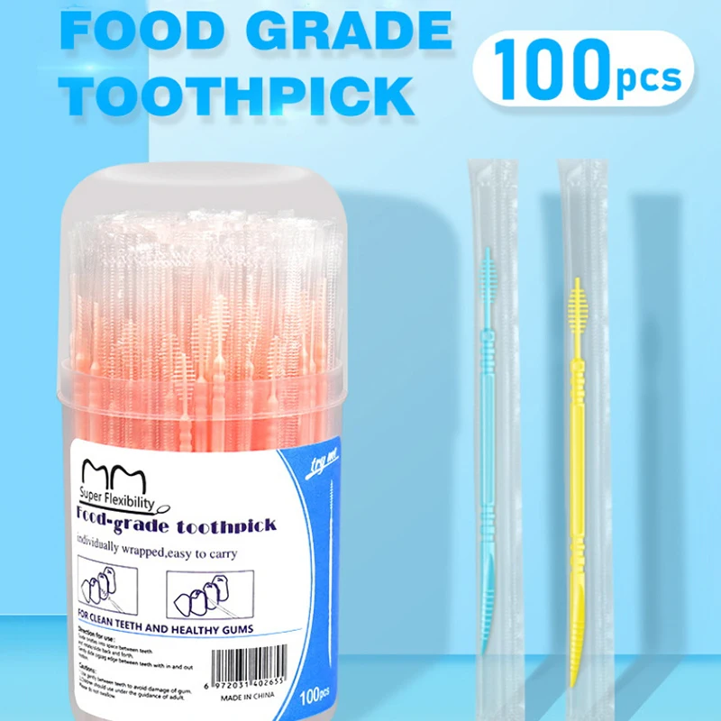 100PCS Double-Ended Fish Bone Shaped Dental Floss Disposable Plastic Toothpick Floss Interdental Brush Oral Cleaning Caring Tool