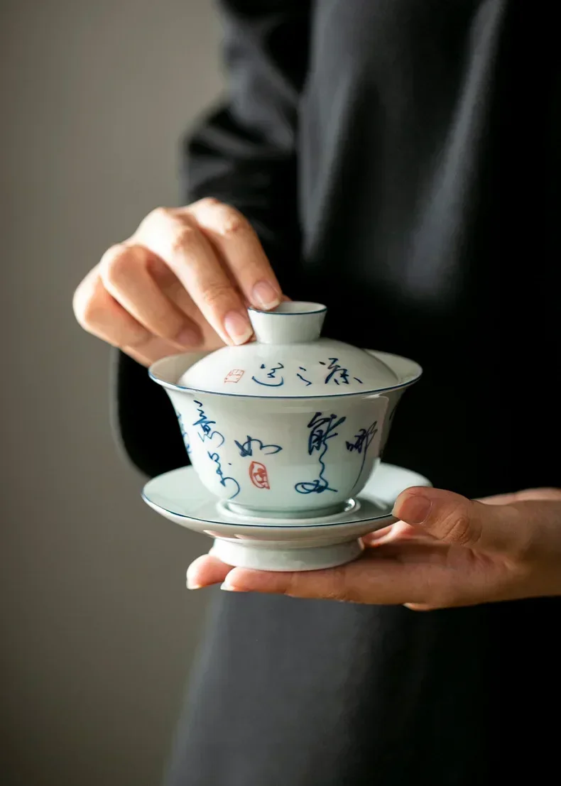 180ml Handwritten Poetry Covered Bowl Household Handmade Gaiwan Zen Tea Tureen Traditional Tea Brewing Cha Supplies Collection
