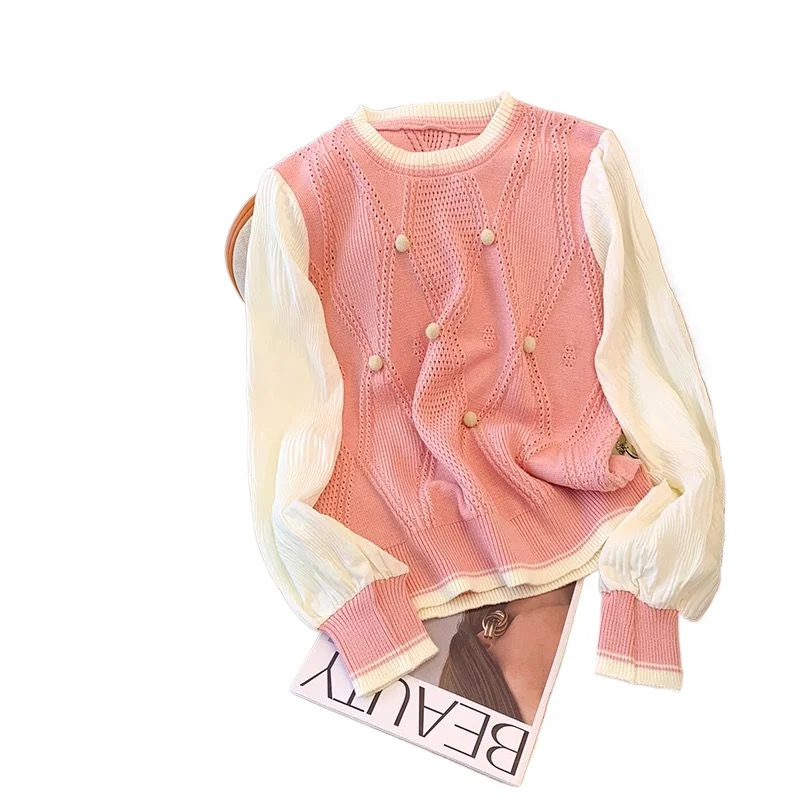 

Xiaoxiangfeng Chiffon Long Sleeve Spliced Knitted Autumn Winter New O-Neck Sweet Young Style Contrast Color Women's Clothing
