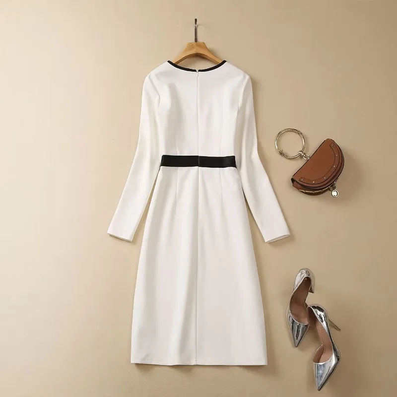 Kate Middleton Princess white dress fashion O-neck colorblock Long sleeve OL work dresses