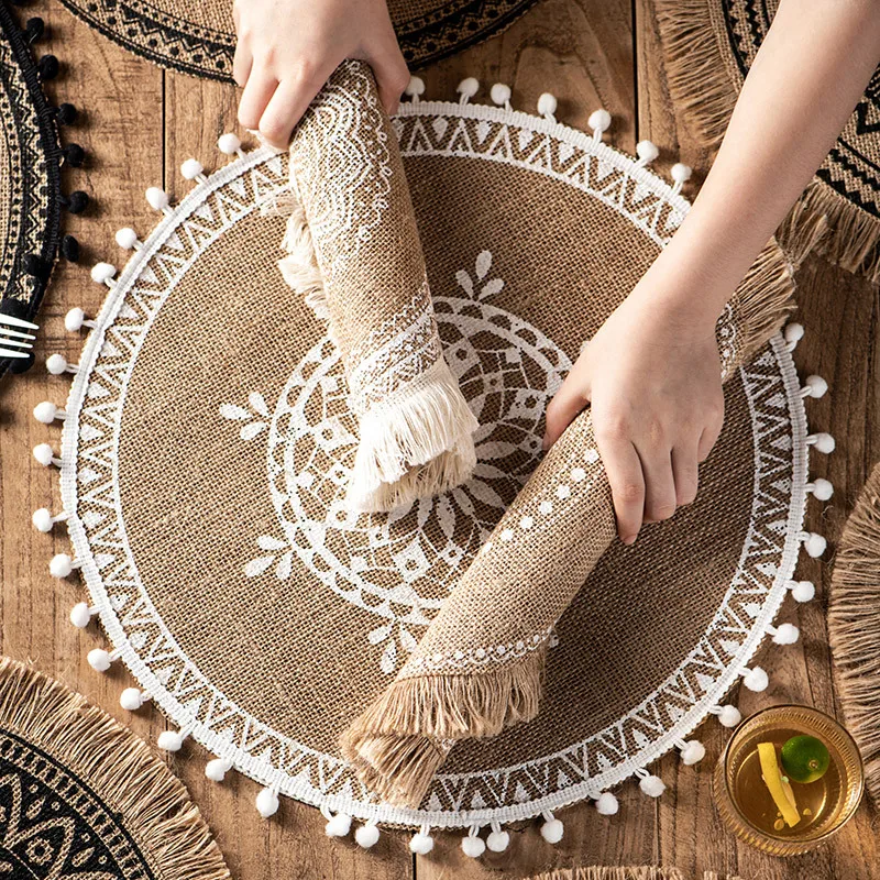 4pcs Bohemian Diameter38cm/15inch Round Insulated Anti-scald Placemat Cup Coaster Mats Non-Slip Kitchen Accessories with Tassels