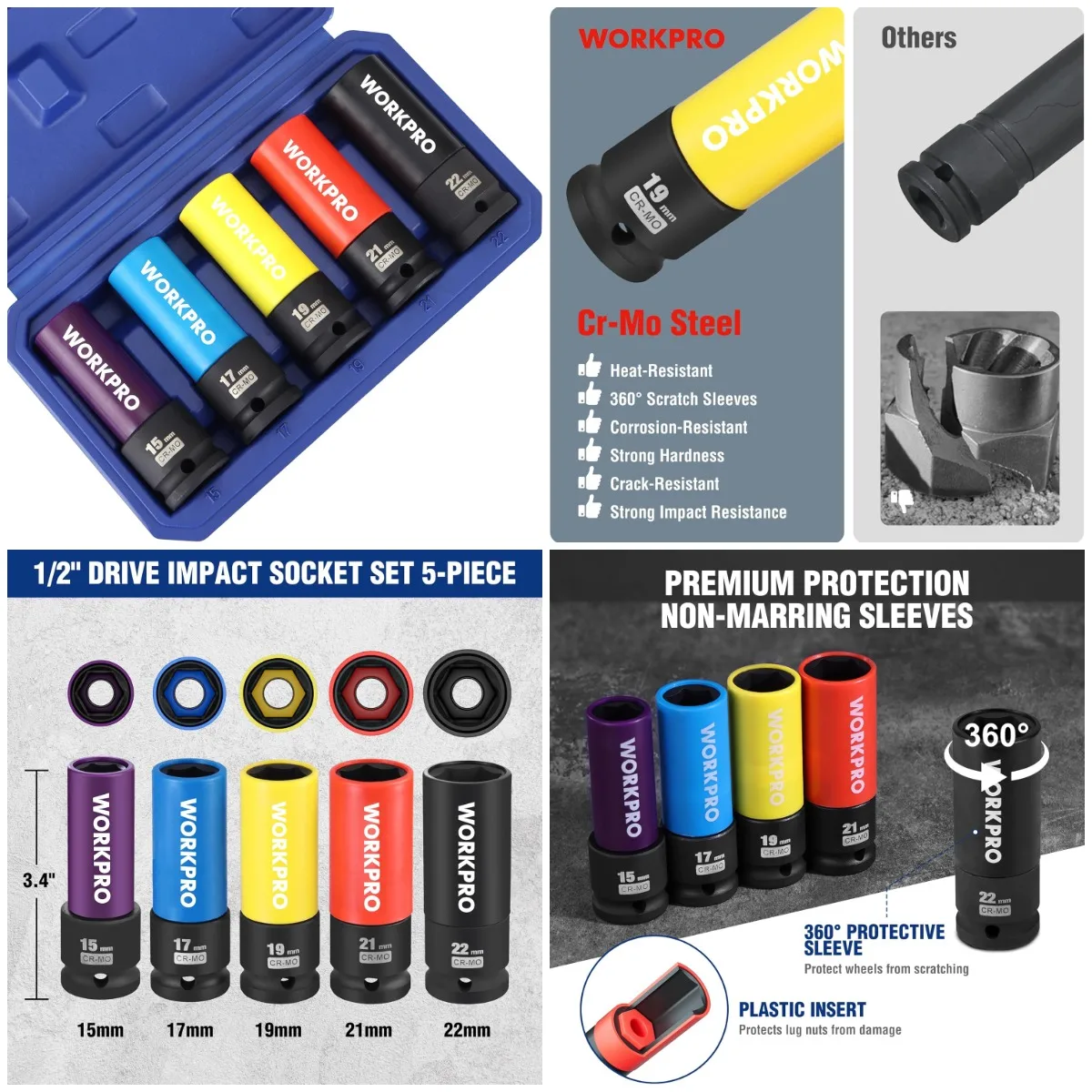 

Набор торцевых головок с приводной гайкой 1/2 дюйма, набор из 5 тонких настенных головок длиной 15–22 мм, не повреждающих