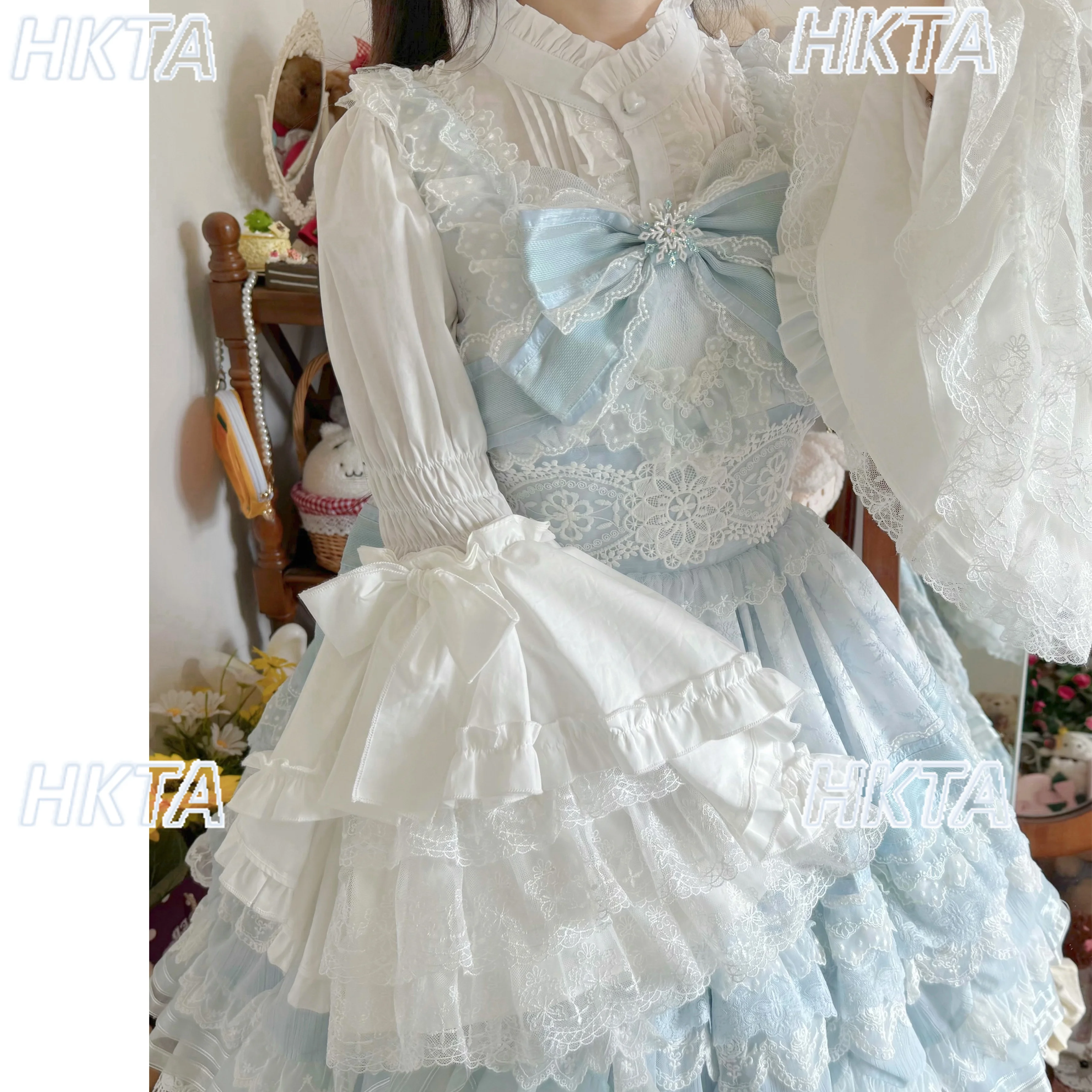 Lolita Kawaii Blouse Horn Long Sleeved Base Slim Inner White Shirt Women Sweet Lolita Girl Versatile Lace Fungus Edge Bow Blusas