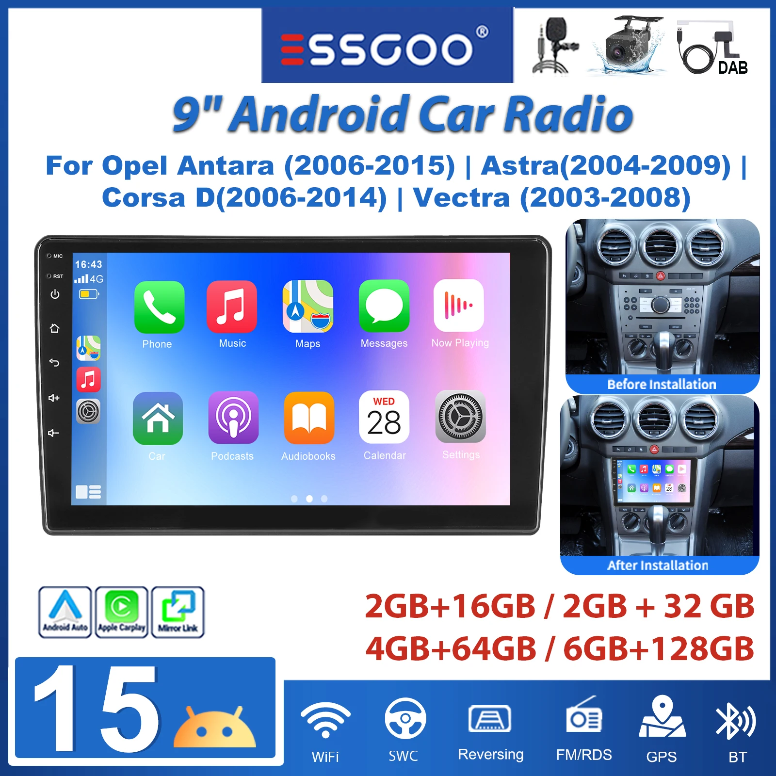 ESSGOO 9" Android 15 Autoradio 2+16G /2+32G /4+64G /6+128G Wireless CarPlay für Opel Antara Astra H Meriva A Zafira B Corsa D GPS NAVI RDS FM WIFI Bluetooth Mirror Link Lenkradsteuerung Touchscreen