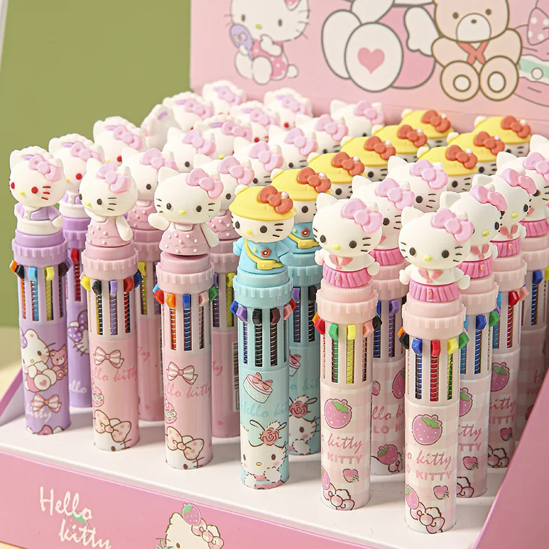 12/36pcs Sanrio Cartoon Hellokitty Doll 10 Colors Ballpoint Pen Multi Color Press Gel Pen Student Supplies Stationery Wholesale