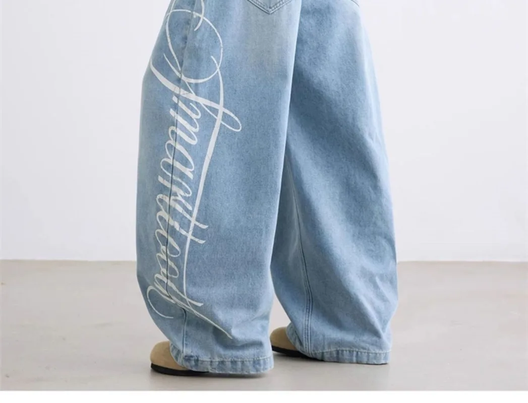 الأمريكية الرجعية واسعة الساق الجينز النساء خطابات طباعة Y2k الجينز الشارع الشهير السراويل الفضفاضة الهيب البوب الدنيم السراويل أزياء النساء الملابس