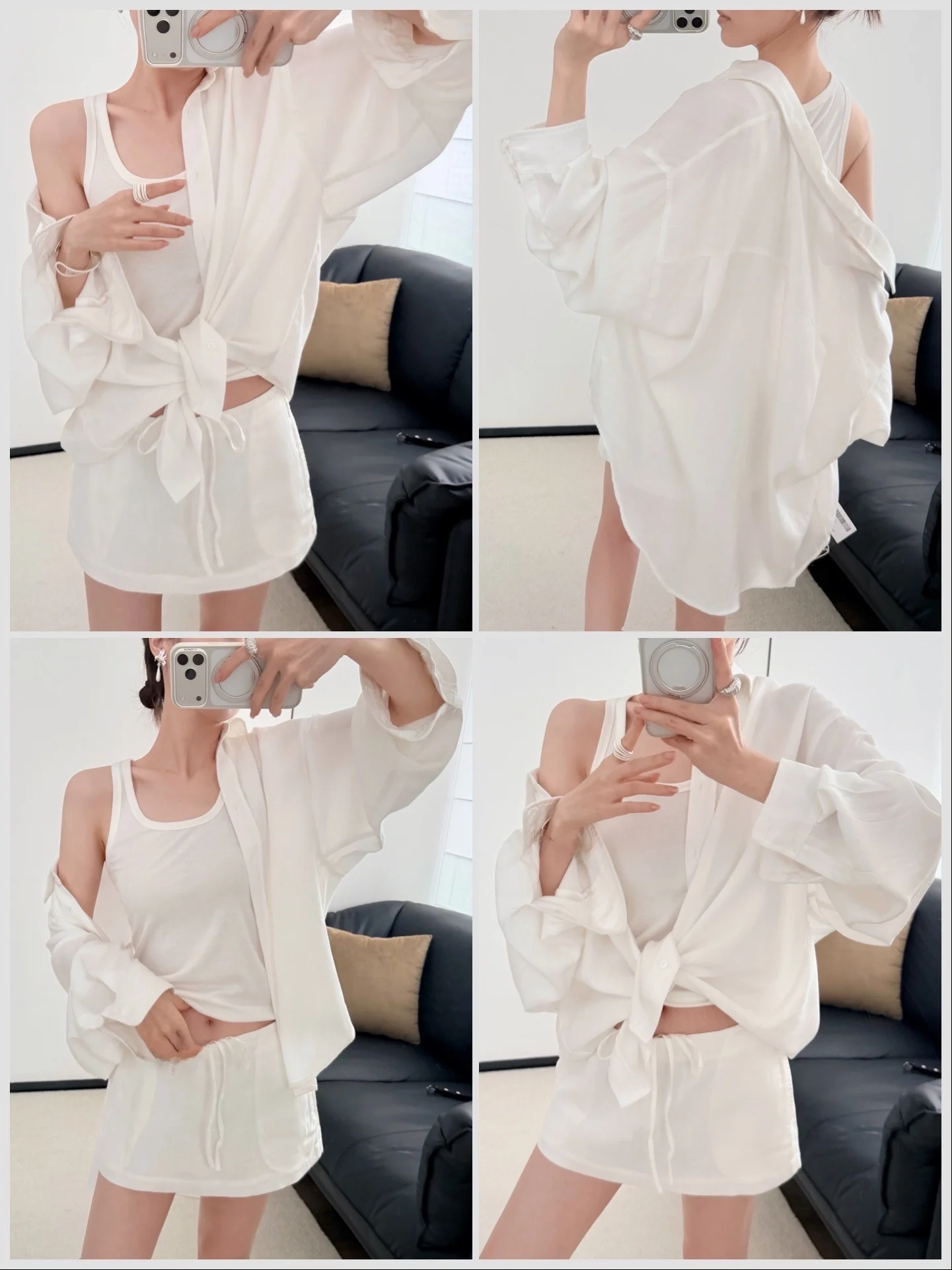 

Комплект из трех предметов: льняные шелковые драпированные брюки-палаццо, короткая юбка и рубашка с длинным рукавом, с защитой от солнца, с высокой талией, весенняя мода