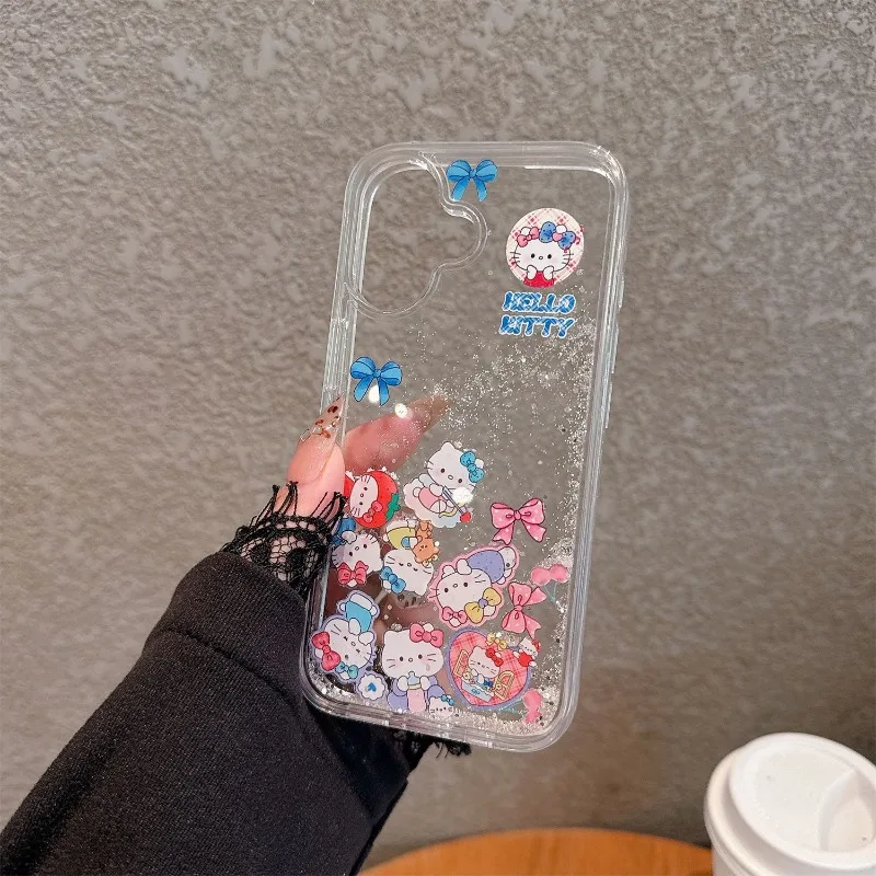 

Anime Cartoon Cute Love Hello Kitty Luxury Quicksand Phone Case for Iphone 17 14 12 13 15 16Pro Max Protective Cover Girls Gift