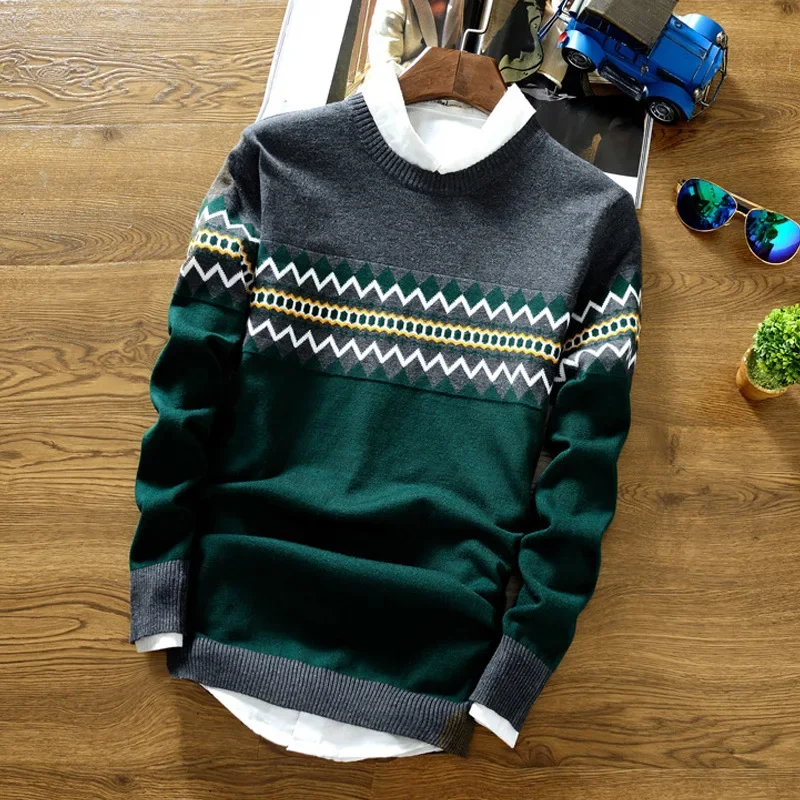 Men Spliced O Neck Jumpers Knitted Sweater Long Sleeve Pullovers Striped Casual Loose Fit Slight Strech Standard Wool Winter