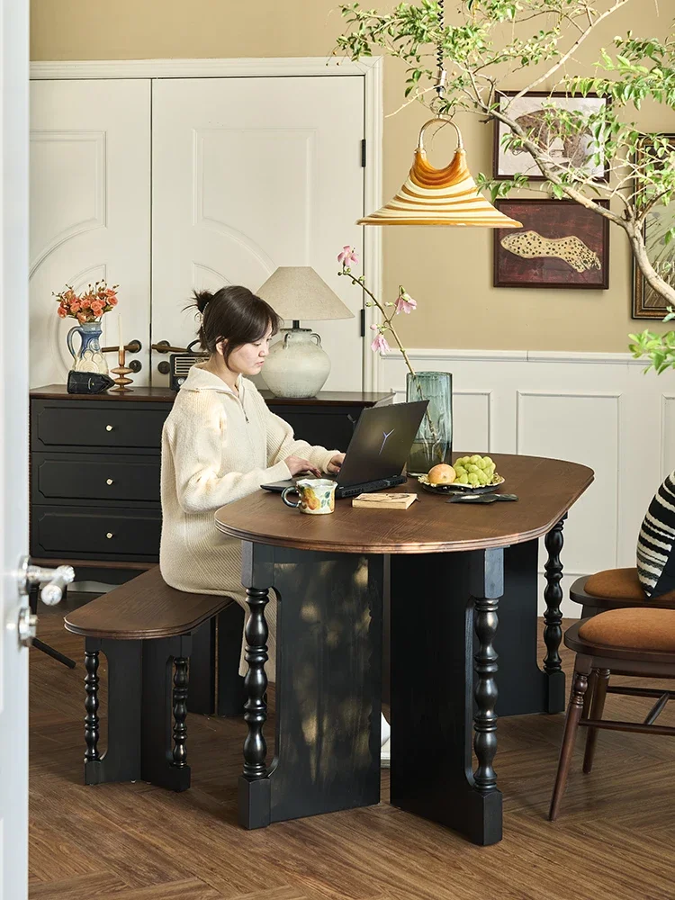 طاولة طعام من الخشب الصلب الفرنسي القديم، مكتب مؤتمرات منزلي عتيق بيضاوي متعدد الوظائف