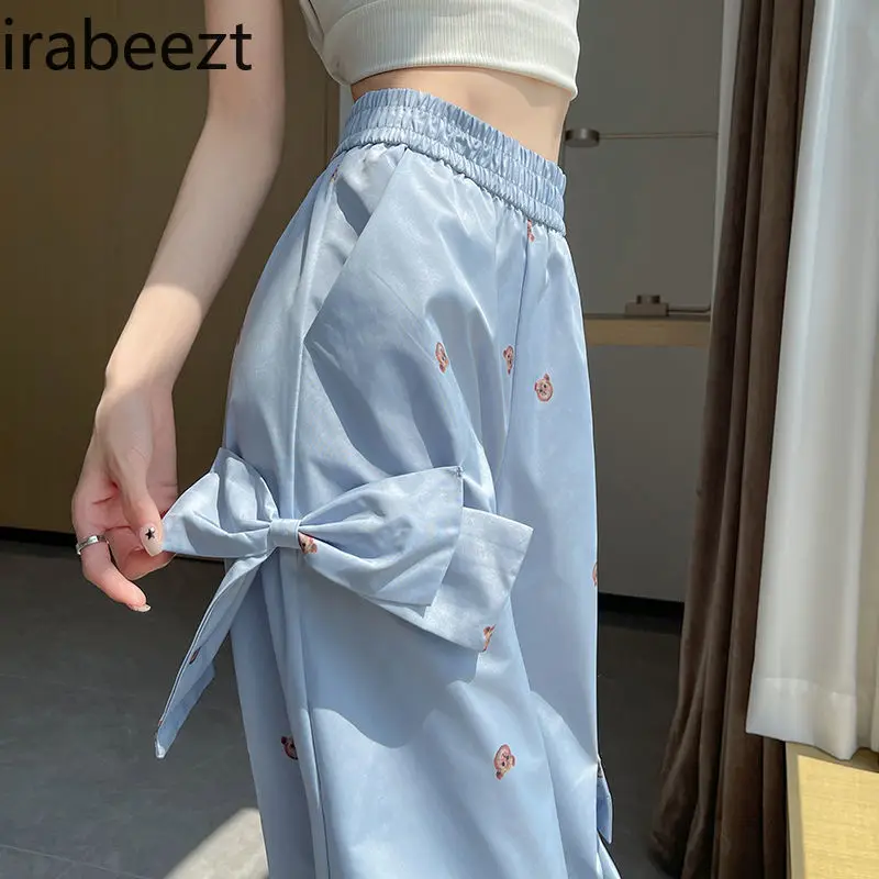 

Bear Print Three-dimensional Bow Decorated Casual Cargo Trousers Women's Summer Loose Quick-drying Wide-leg Pants