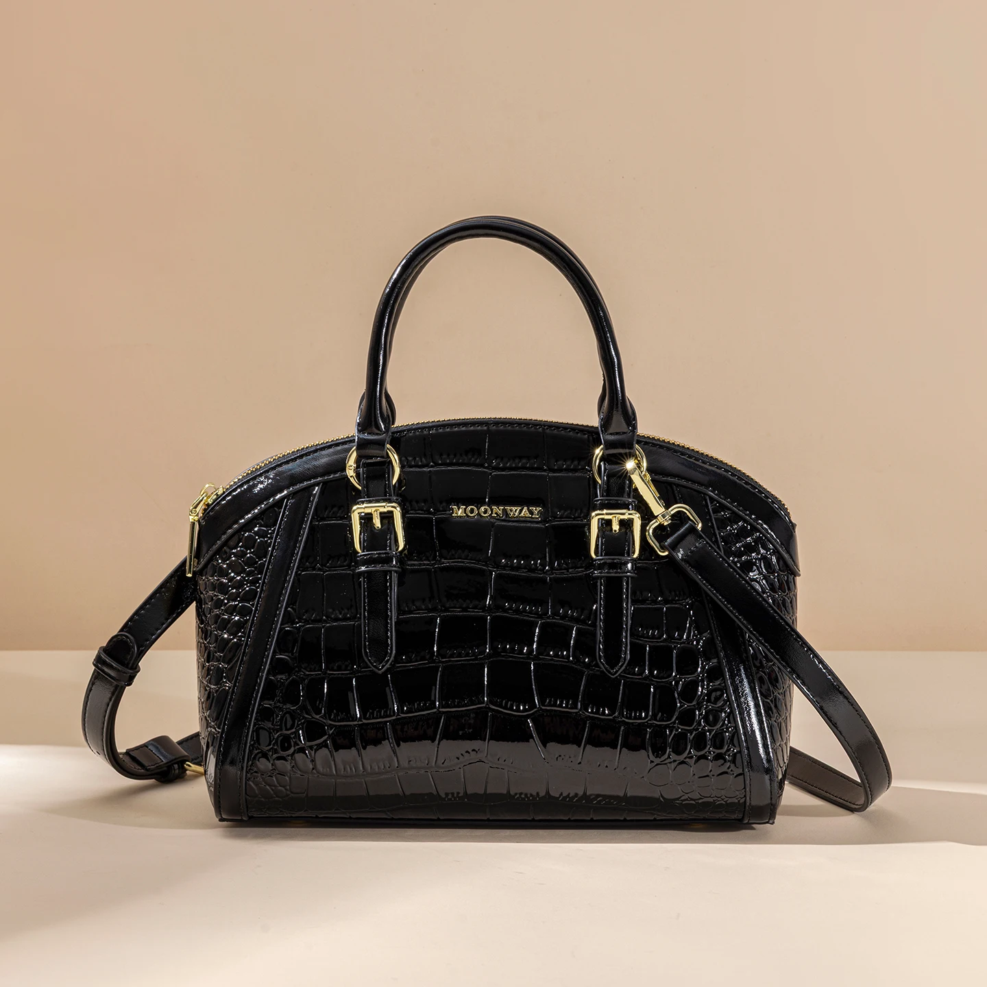 Women Glossy Crocodile Shell Handbag, Metal Letter Logo, Detachable Adjustable Strap, Convertible Crossbody Purse, Vintage Small Shoulder Bag, 2 Colors Available