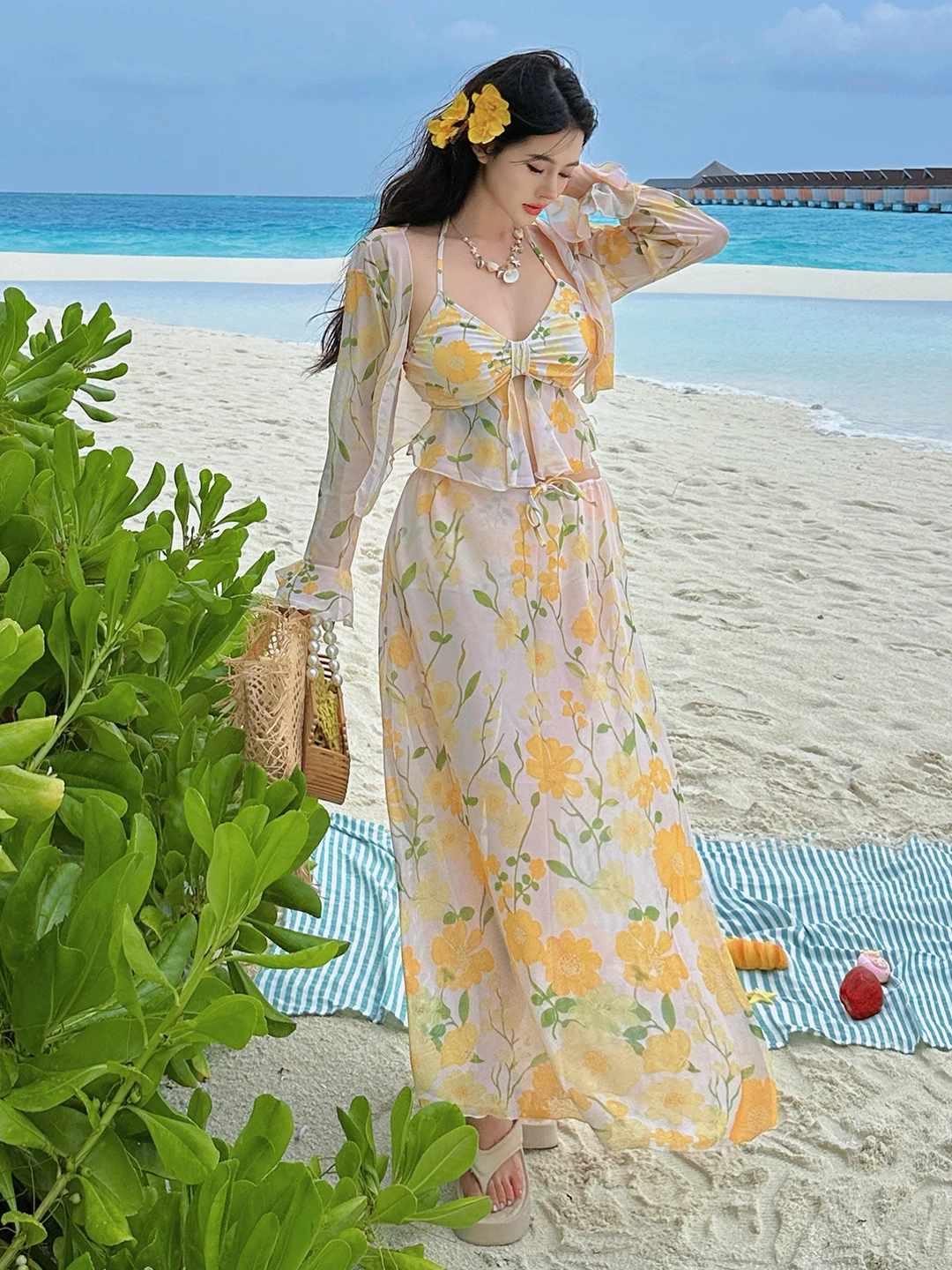 Sexy Bikini Swimsuit Set for Women plus Size Sunscreen Long Dress Cover up Thermal Beach Vacation Nylon Polyester Spandex Blend