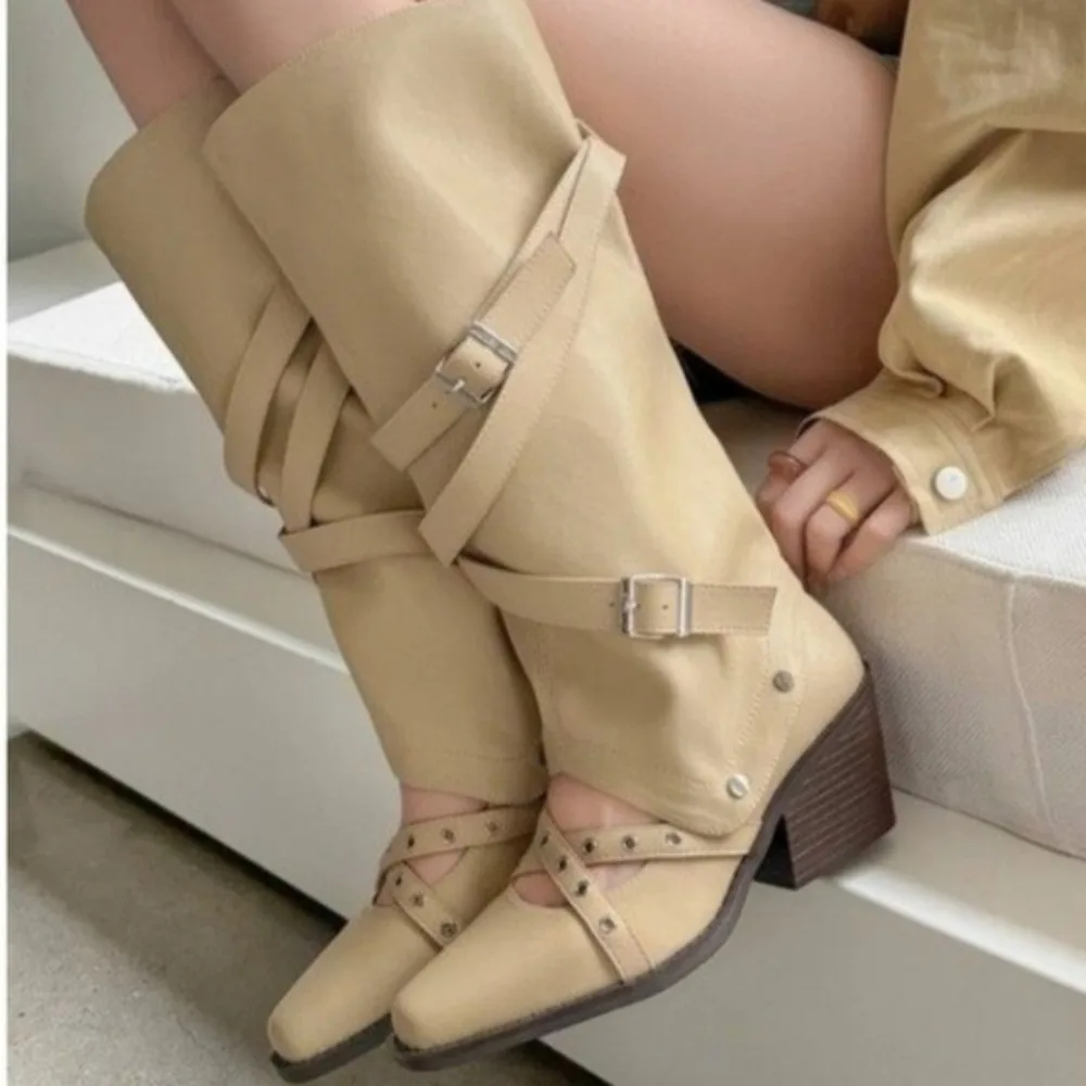 Botas vaqueras vintage de caña alta para mujer, con tacón grueso, estilo cowboy de verano, botas de motociclista.