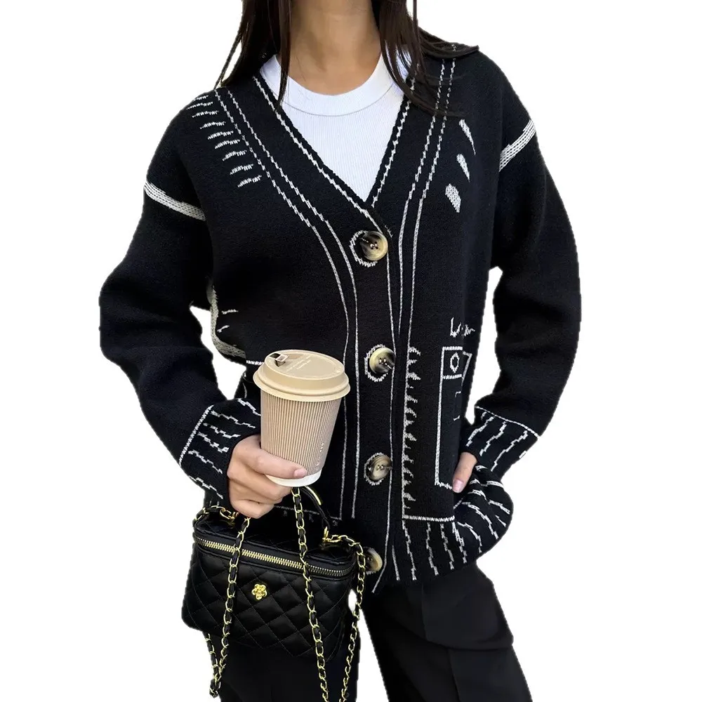 秋のジャカードニットカーディガンルーズ V ネックジャケットシングルブレストセーター長袖コートカジュアル原宿レディーストップス