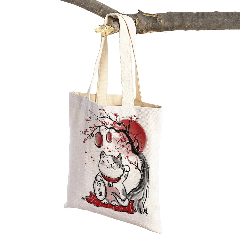 Japanese Koi Gru Japan Dream Deer Cat Sakura Women Shopping Bags Double Print Casual Linen Eco Handbag Shopper Bag Lady Tote