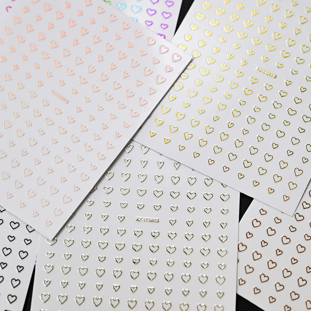 1Pcs Hollow Mini Heart Nail Stickers Mixed-Size Bronzing Heart Nail Decal 3D Gold/Silver/Rainbow Adhesived Love-Heart Slider