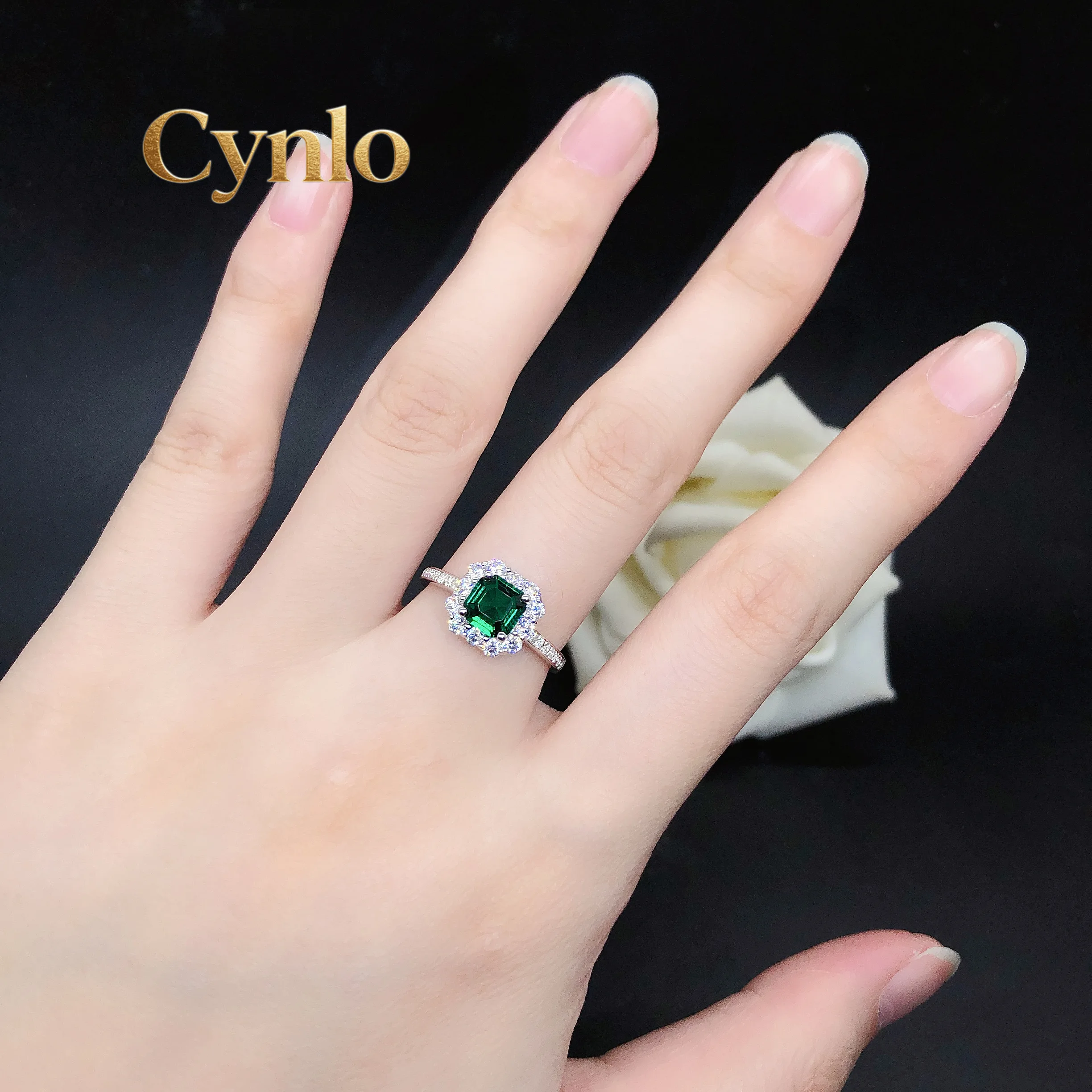 

Cynlo Jewelry 1Ctw 6*6mm Radiant Lab Created Emerald Diamond Ring Solid 14K White Gold Jewelry for Women AU585 Wedding Band R178