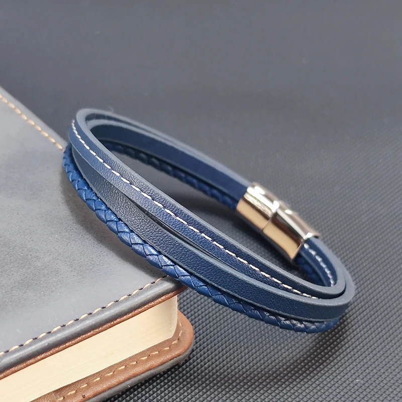 Fashion Blue Leather Bracelets Men Boys Stainless Steel Clasp Multilayer Braided Rope Bracelet for Male Female Bracelets Jewelry