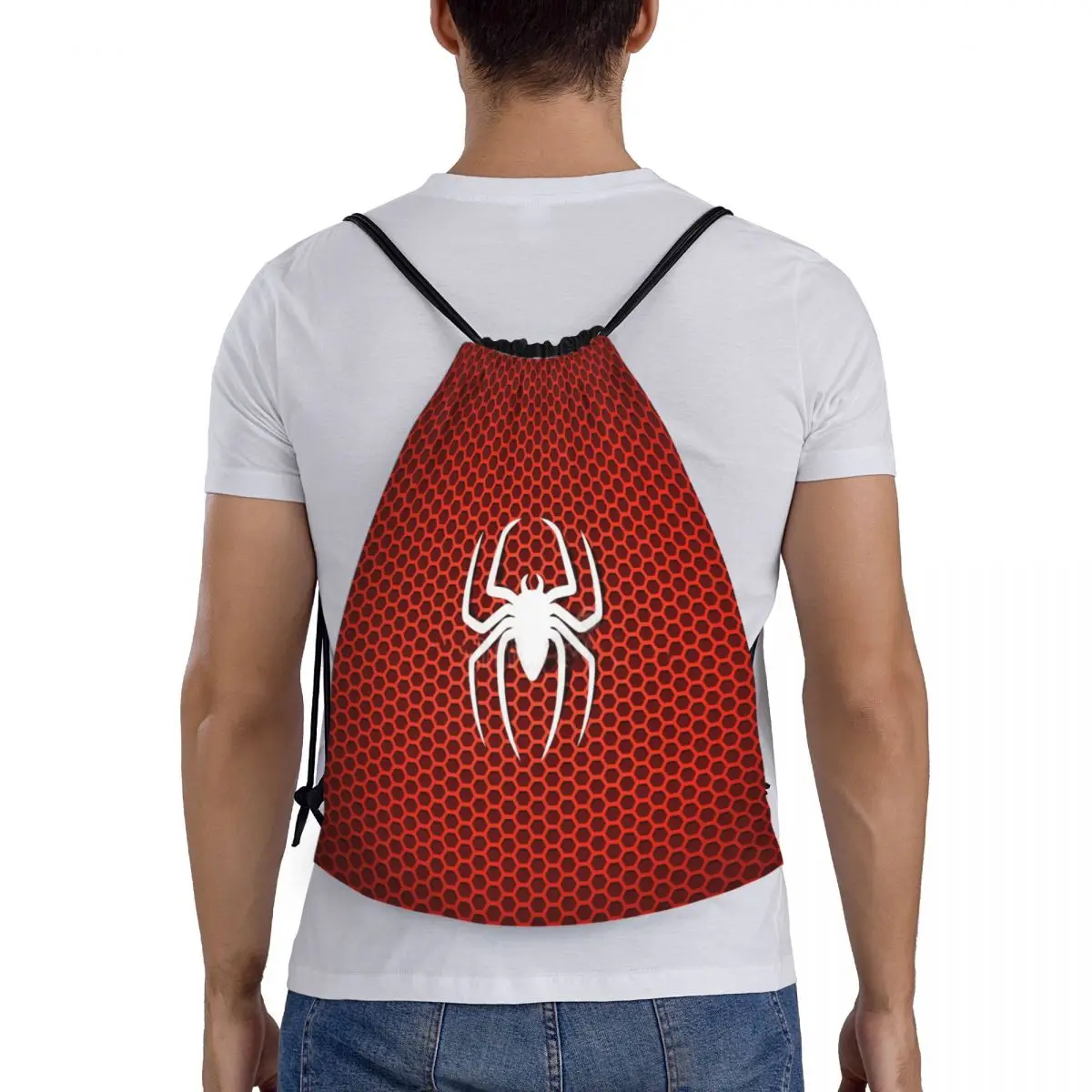 Custom Spider Spinneweb Hexagon Trekkoord Rugzak Vrouwen Mannen Sport Gym Sackpack Draagbare Spider Man Boodschappentas Zak