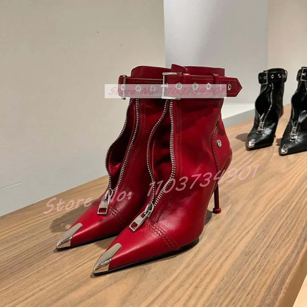 女性用中空アンクルブーツ,ベルトバックル,ジッパー,先のとがった金属のつま先,ハイヒール,スティレット,縫製靴,エレガントなパーティー,セクシー
