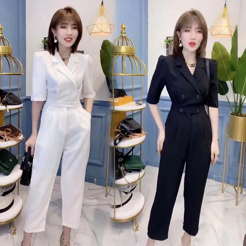 

High Waist Jumpsuit Women's Summer New Sle Slimming Suit Collar Casual Nine Point Pants Faionable Commute