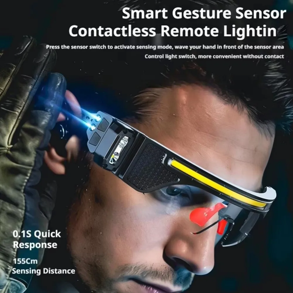 Multi Function Glasses Goggle Light Waterproof Wave Sensor Control LED Glasses Headlight 2 in 1 TYPE-C Rechargeable
