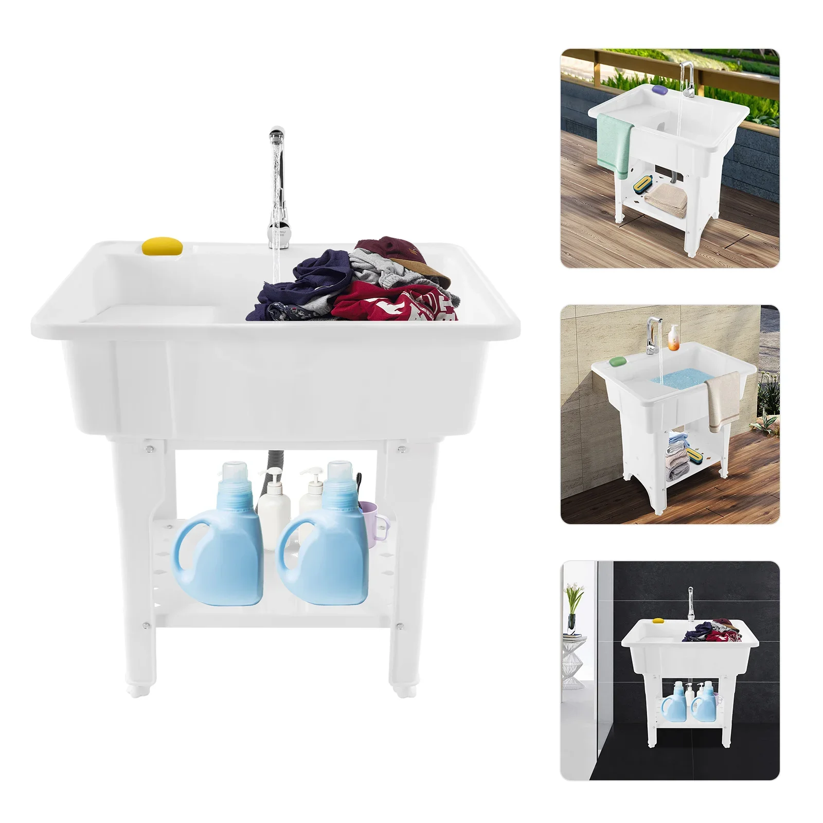 حوض غسيل محمول للحوض، حوض غسيل بلاستيكي قائم بذاته في الهواء الطلق، حوض غسيل بلاستيكي أبيض 70 كجم 154 رطل للغسيل والحمامات