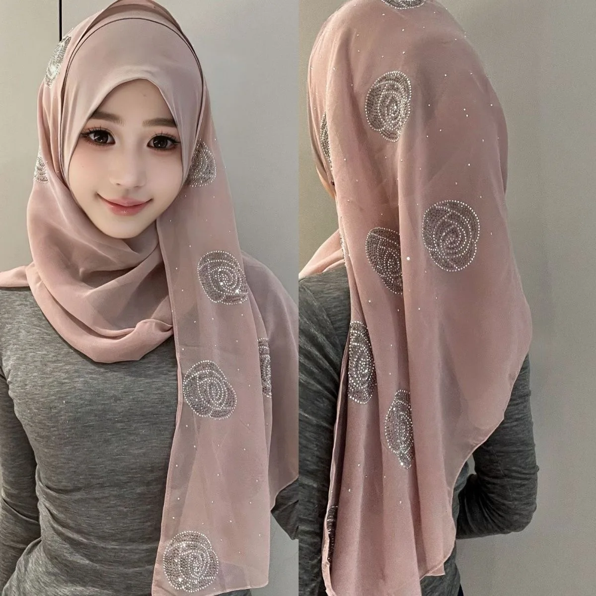 Chiffon Glittery Rose Islam Muslim Women Wraps Scarf Hijab Wraps