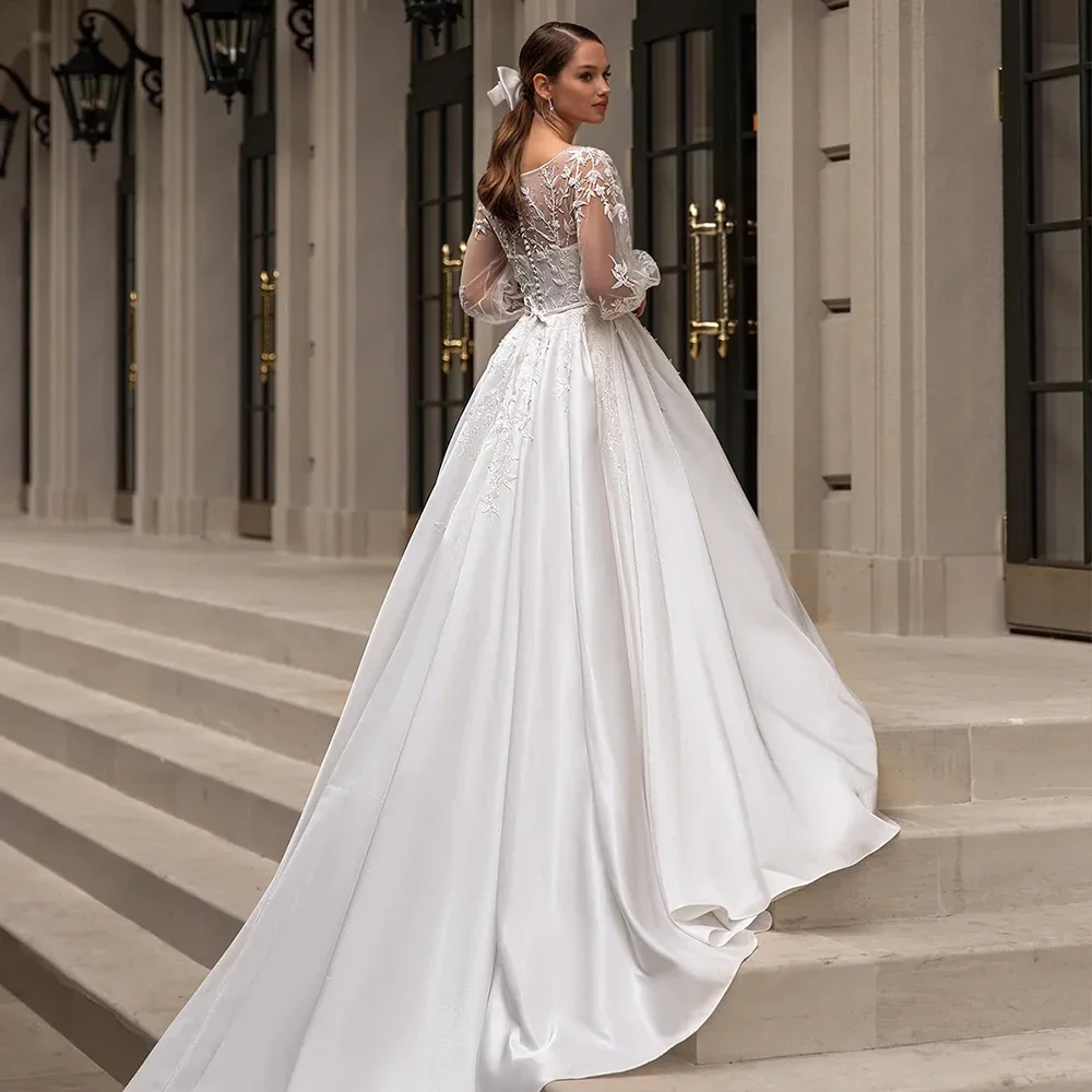 Classic Satin Wedding Dresses 2025 for Women O-Neck Long Sleeves Applique Bride Dress Sweep Train A-Line Wedding Party Gonws