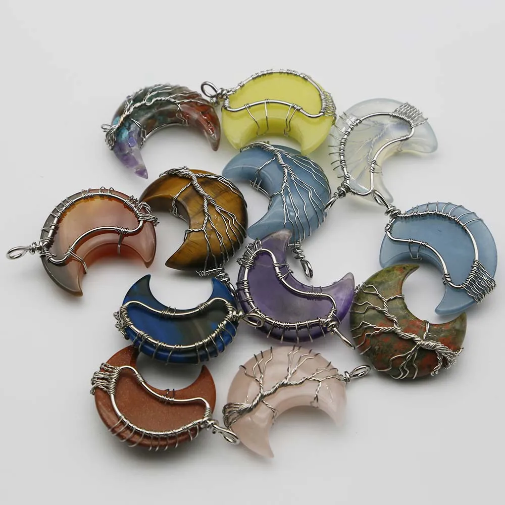 Natural Crystal Agate Moon Tree Of Life Pendant Handmade Silver Twine Necklace Fashion Charm Jewelry Accessories Wholesale 5Pcs