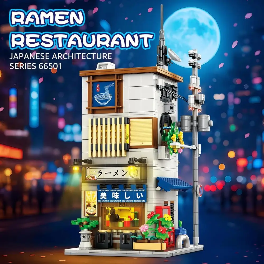 Zestaw do budowania 2w1: Japońska Restauracja Ramen i Dom z Widokiem na Ulicę z Oświetleniem, Architektura w Japońskim Stylu, Idealny Prezent dla Dzieci od 14 Lat