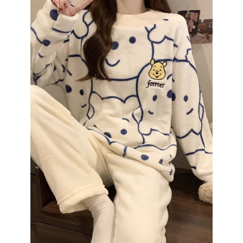 Cartoon Disney women\'s pajamas new crew neck sweater trousers two-piece loungewear set casual student Winnie the Pooh pajamas