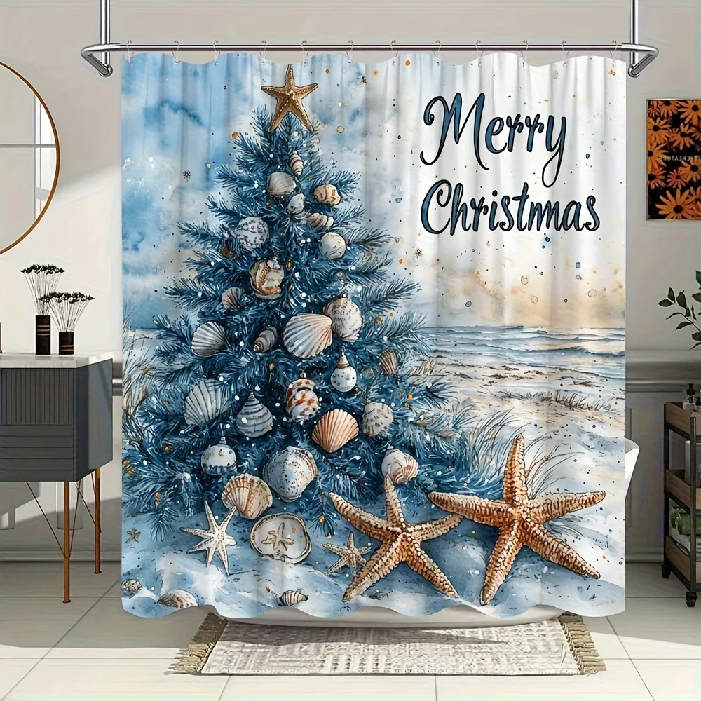 

1pc Winter Beach & Christmas Tree Shower Curtain - 70x70 Inch Watercolor Sea Star, Shells, Starfish & Snowy Waves Design, Bathro