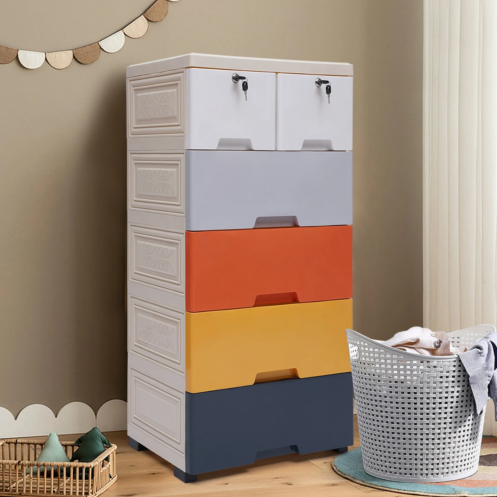 5 Tier Storage Cabinet Wardrobe Moving Detachable Children Room Furniture Drawer Plastic PP Cupboard with Wheels