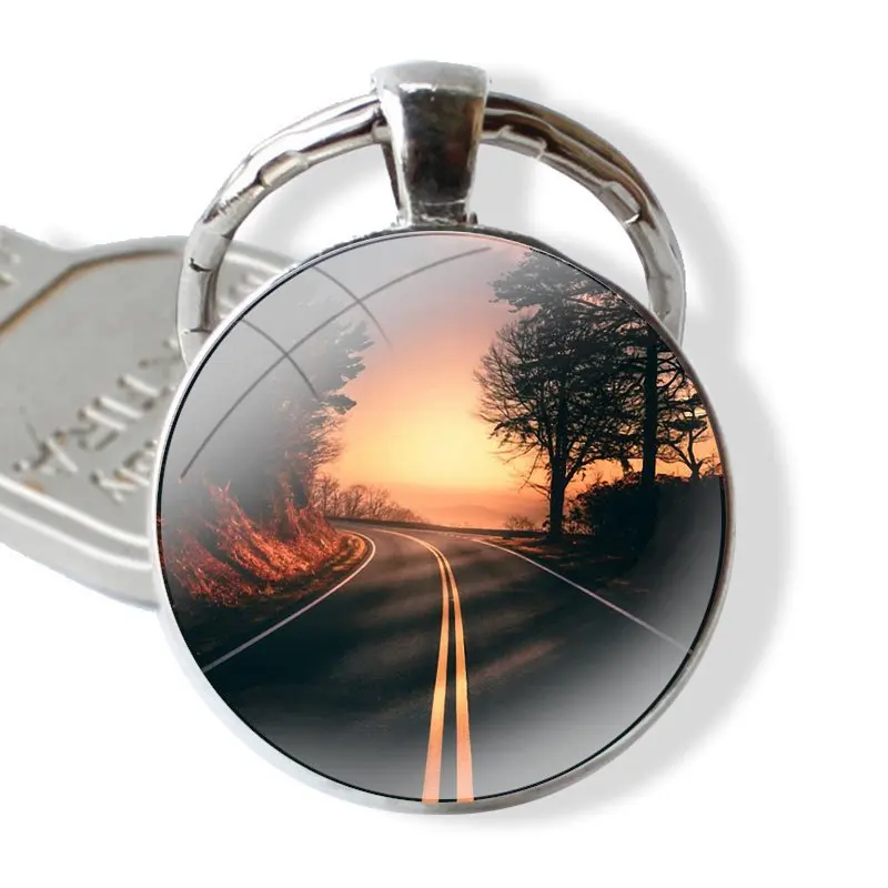 Keychain Handmade Glass Cabochon Key Ring Holder Pendant Key Chains Artistic vintage Road sign