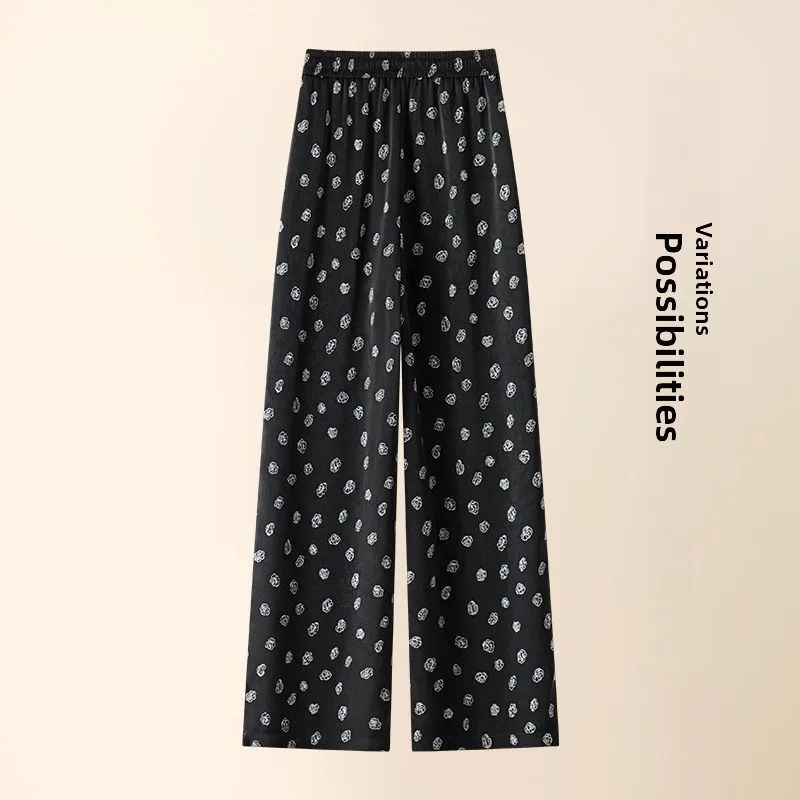 High Waist Wide Leg Pants Women's Summer Thin Loose Drapey Ice Silk Floral Print Sun Protection Straight Leg Casual Trousers