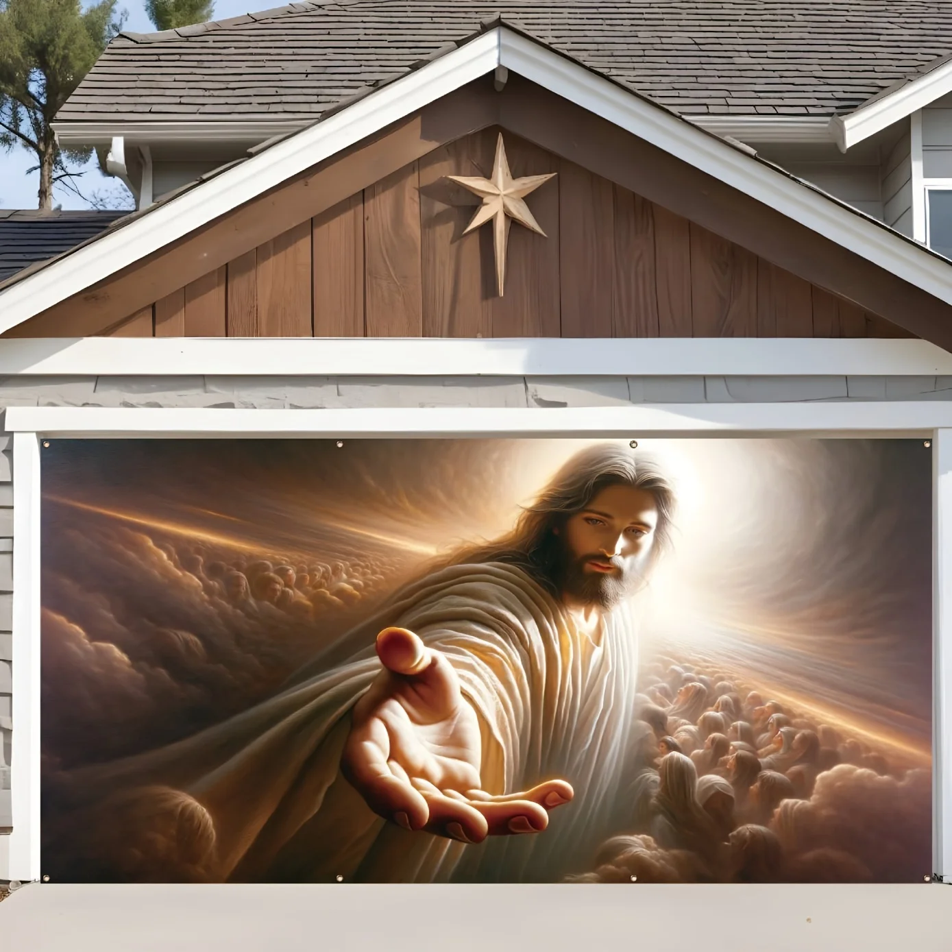 Jésus tend la main de la salut - Bannières de garage de Noël colorées, grandes décorations murales de Noël pour l'extérieur