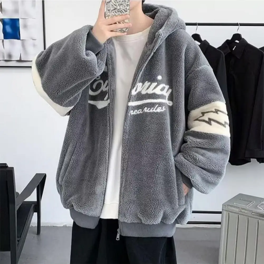 

Men Warm Coat Stylish Men's Winter Coat Warm Hooded Cardigan with Letter Print Thick Fabric Multiple Pockets for Cold Resistance