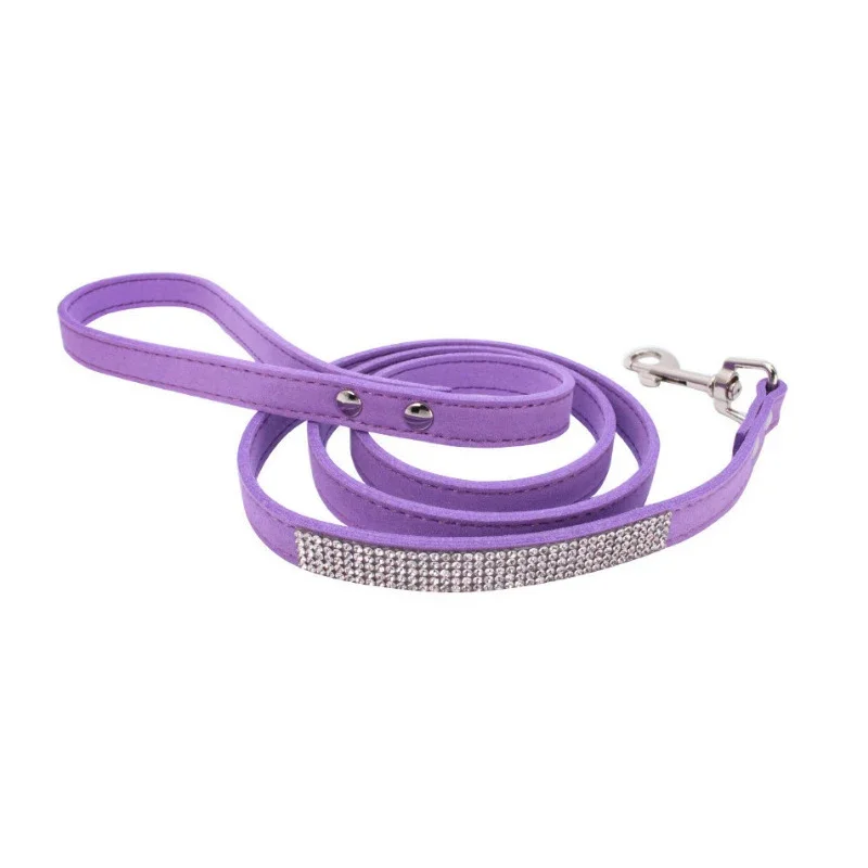 Suede Fiber Crystal Dog Collar Leashes Soft Glitter Rhinestone Dog Leashes with Zinc Alloy Buckle for Small Dogs Cats 120*1.5cm