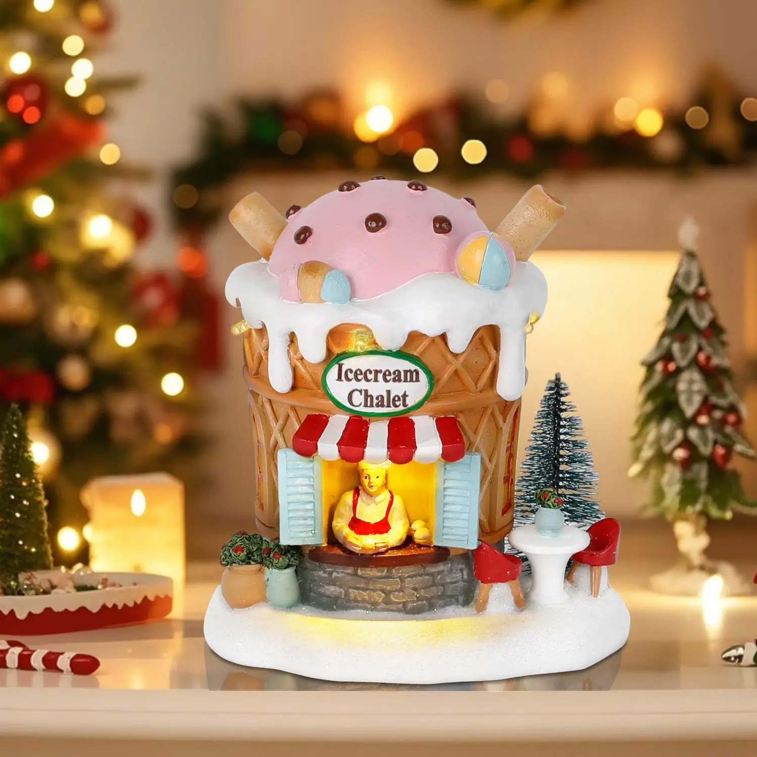 Casa de pueblo de pan de jengibre iluminada, decoración navideña, chalete de helado, figuras coleccionables de tienda de construcción para vacaciones, interior y hogar