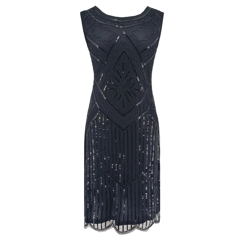 

Women 1920s Great Gatsby Flapper Dress Vintage O-Neck Sleeveless Scalloped Hem Party Dress Embellished Beaded Sequin Dress