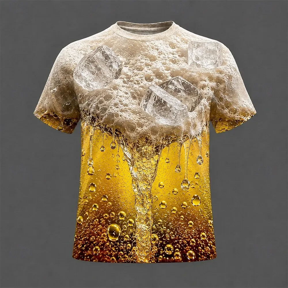 3D Realistic Beer Foam Ice Cube All‑Over Print T‑Shirt for Men Bubbles Liquid Effect Short Sleeve Novelty Party Casual Tee Tops