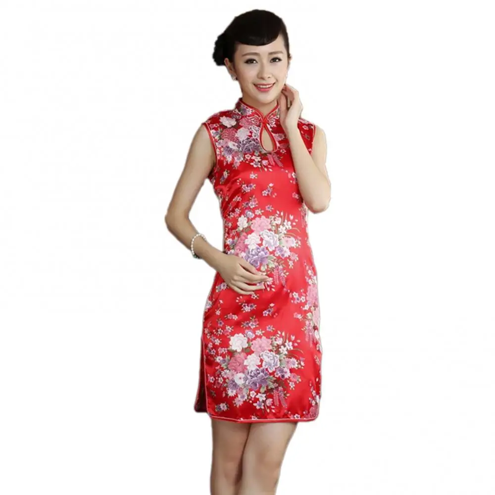 Sexy Women Sleeveless Qipao Dress Mandarin Collar Peacock Print Side Slitting Hem Short Dress Satin Evening Party Dress Vestidos