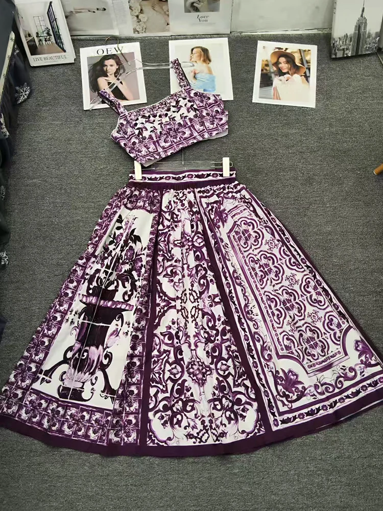 

2025 summer women's retro geometric print sexy suspender strapless top two-piece set+high waisted loose skirt fashion set