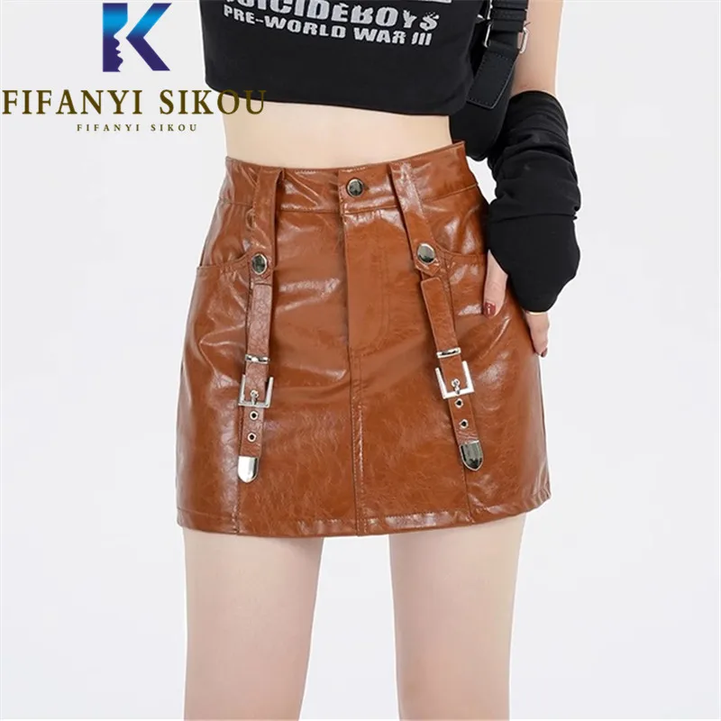 

PU Leather Skirt Women 2023 Autumn New Sexy High Waist Short Skirt Belt Decoration Fashion Pocket A-Line Skirts Female