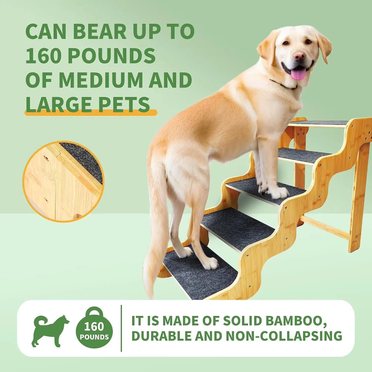 Dog Steps for Bed,24 Inches 5 Step Dog Stairs for Senior Pets to Get On 30 Inches High Beds/Car,Made of Bamboo Can Support Large