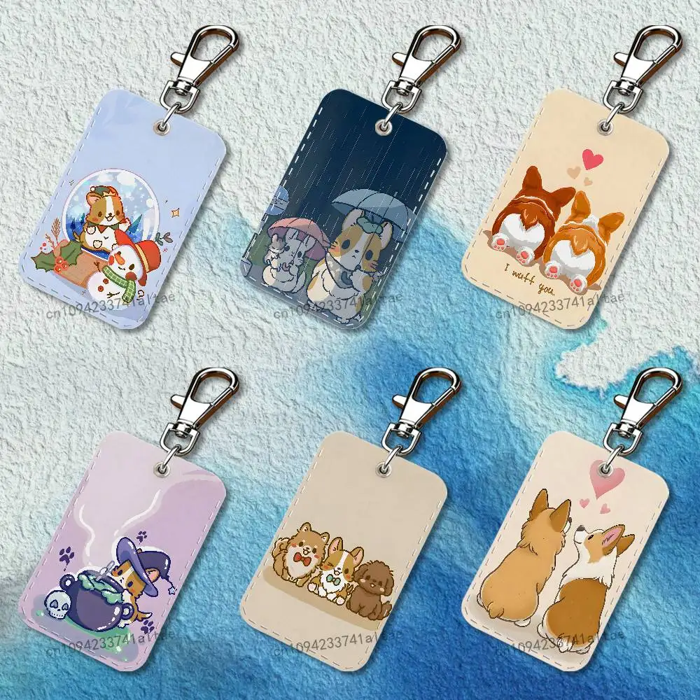 

Cartoon Corgi Cute Rectangle Access Card Case Leather Card Holder Keychain Key Ring Transportation Card Case