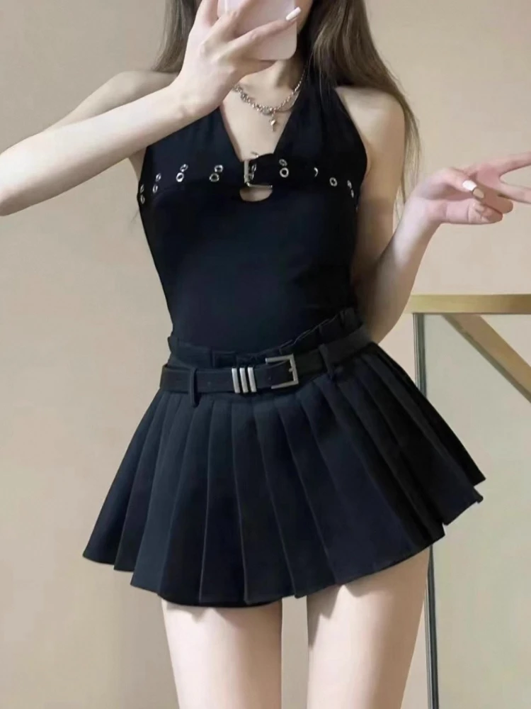Sweet Babes Fashion V-neck Sleeveless Sets Y2k Halterneck Camisoles + Mini Pleated Skirt Suit Summer New Sexy Two-piece Set 2025
